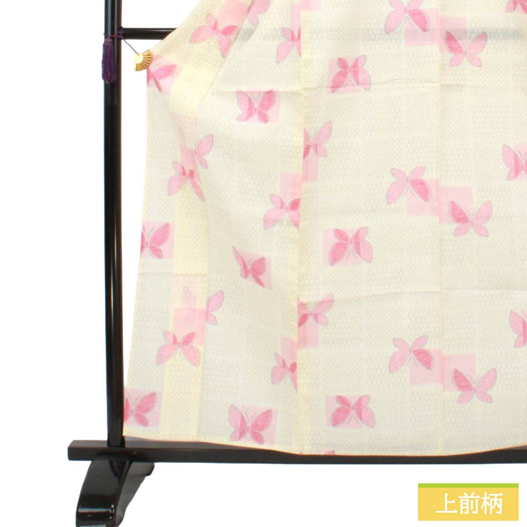 Summer cotton Tsumugi S-rank; length 160.5cm, sleeve-to-sleeve 64cm; milky white, Ichimatsu pattern, butterflies, sheer fabric, white-based. 1132003762411