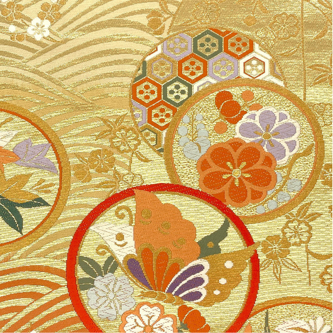 袋帯 蝶 波模様 草花模様 有職波桜文 帯丈428cm 正絹 Aランク 六通 フォーマル 金系 1123004363321