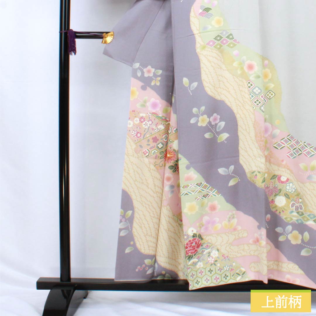 Visiting Kimono, Pure Silk, S Rank, Lined, Length 155cm, Sleeve Length 66cm, Light Gray (Usunezuiro) and Noble Gray (Kizoku Nezuiro) with Kyoto Yuzen Pattern and Floral Design, Gray Tones, Product Number: 1112006312322