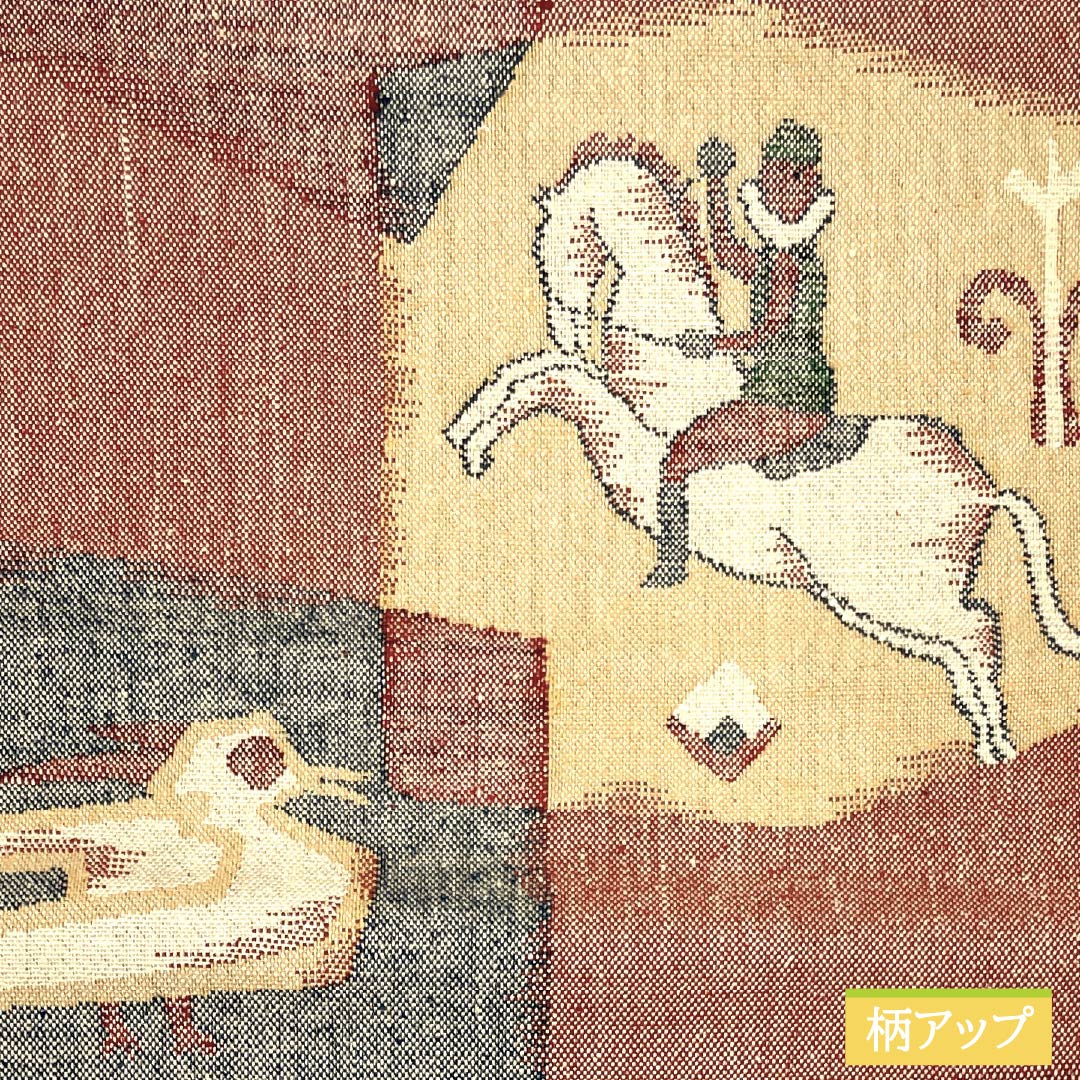Nagoya obi, cinnabar color, pongee fabric, horse riding, bird, obi length 359.5cm, pure silk, S rank, six-pass, casual, vermilion, 1124007492316, Matsuba style