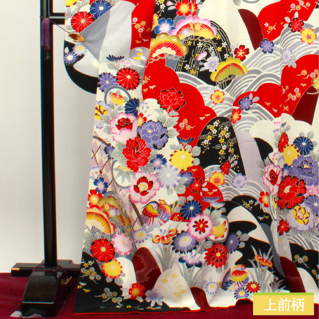 Furisode, pure silk, length 171cm, sleeve length 65cm, lined, Kyoto Yuzen, floral pattern, Seigaiha, mandarin ducks, S rank, gradation style, 1113001802699