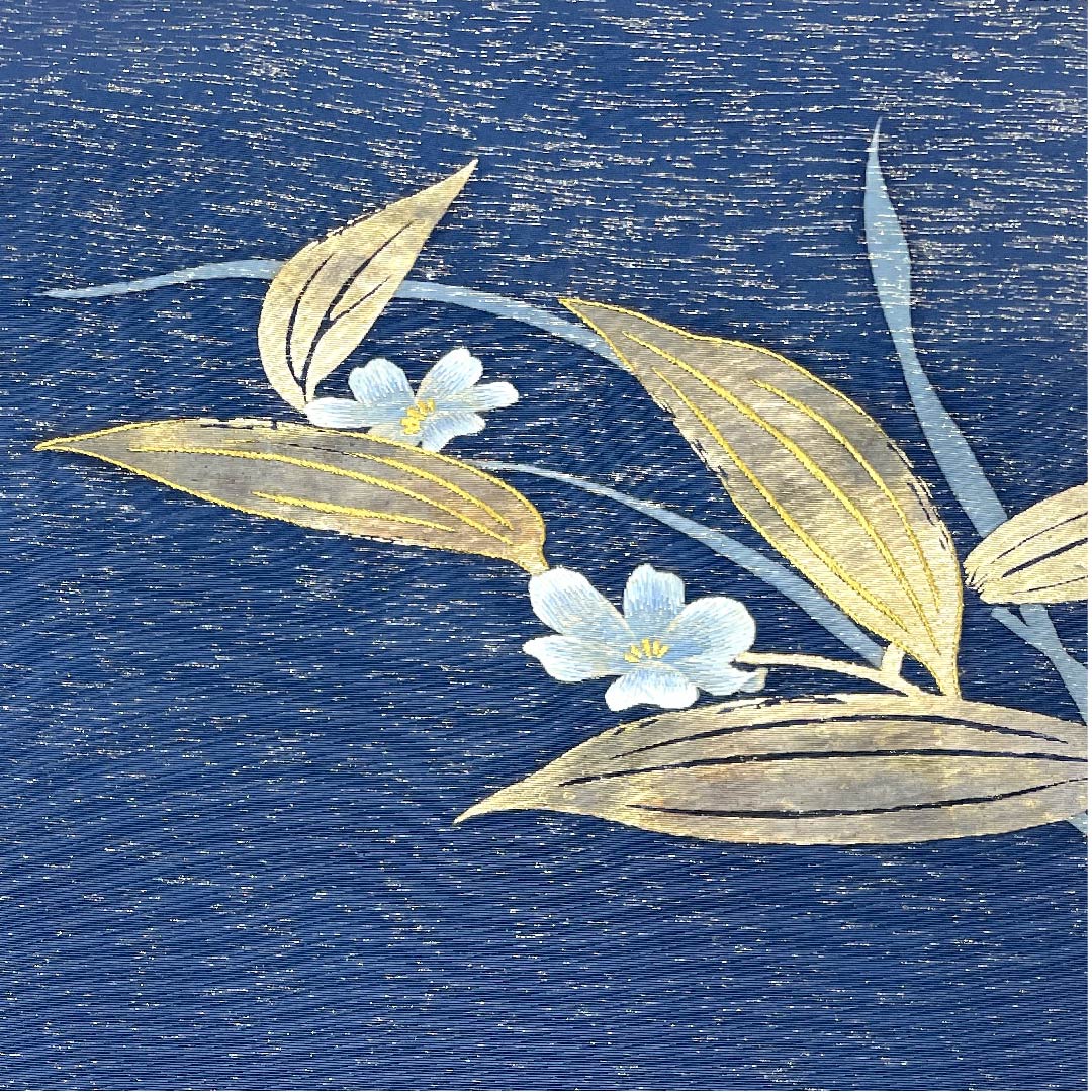 Nagoya obi, navy blue, floral pattern, embroidery, obi length 387.5cm, pure silk, A rank, point pattern, semi-formal, blue, 1124003203317, Nagoya style