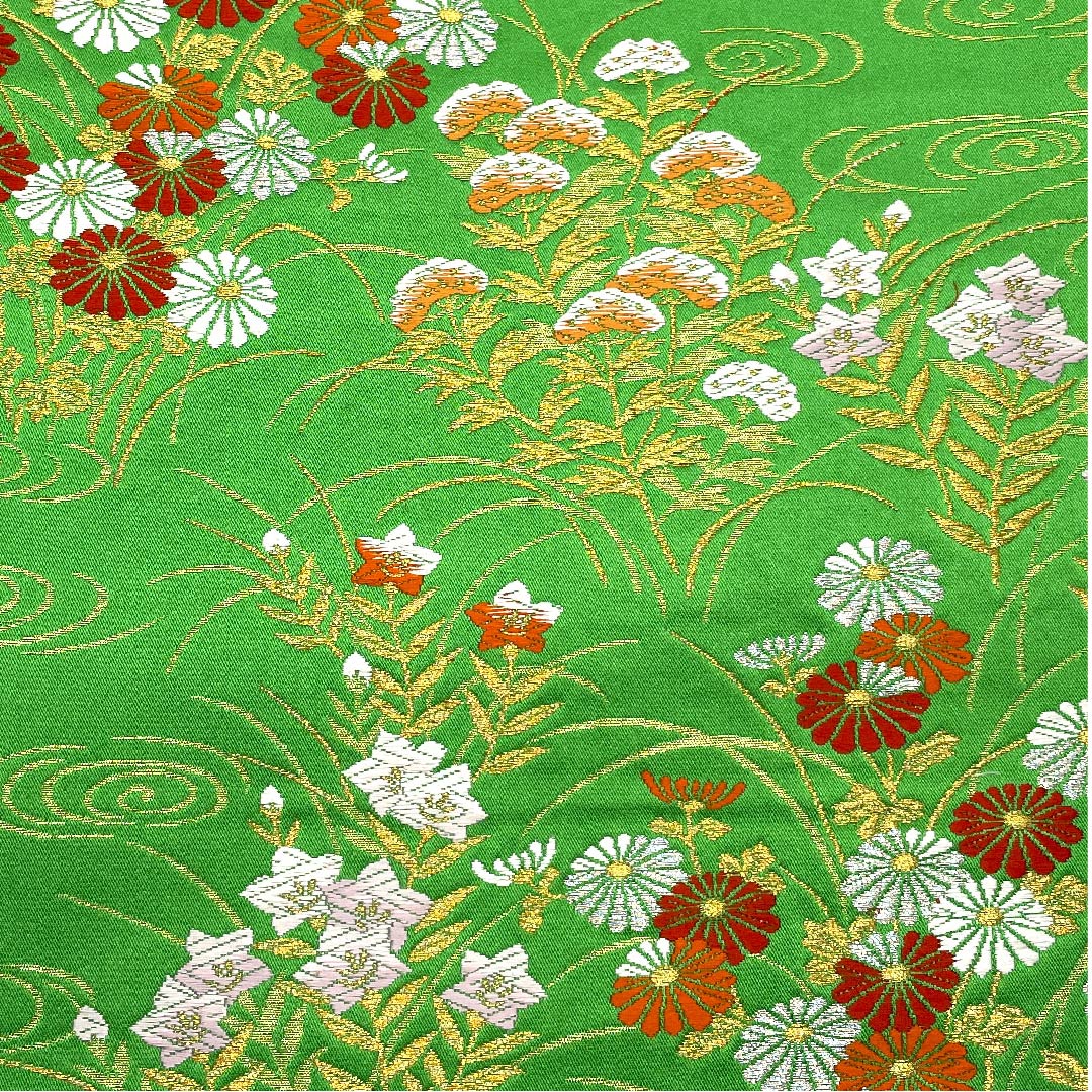 Fukuro Obi (light blue obi) Kanze Ryusui (water flowing stream), bellflower, chrysanthemum, pine, obi length 432cm, pure silk, S rank, six-pass, formal, green, 1123007012319