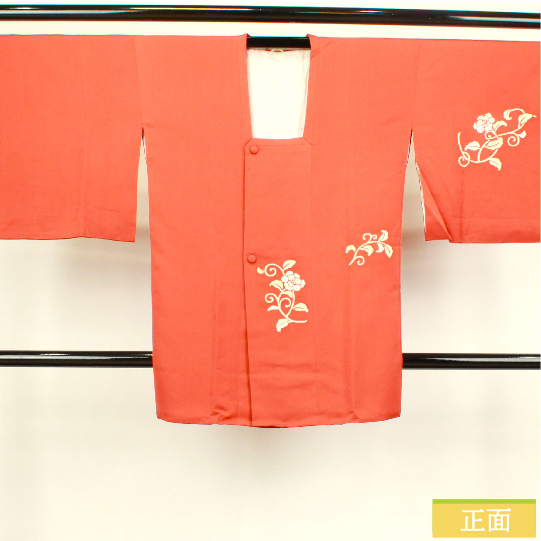 Michiyuki coat, pure silk, length 90.5cm, sleeve length 68cm, benigara color, pearl tone processing, Kyo-Yuzen, floral pattern, S rank, lined, vermilion, 1117000802916