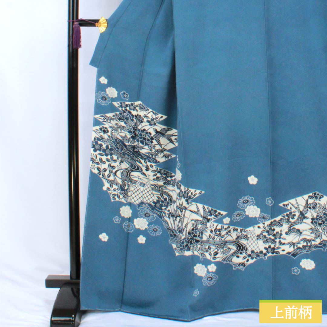 訪問着 正絹 Sランク 袷 身丈166.5cm 裄丈69cm 裏色（うらいろ） 藍型 浜ちりめん 風景模様 しつけ糸付き ソフトガード加工 青系 1112007692517