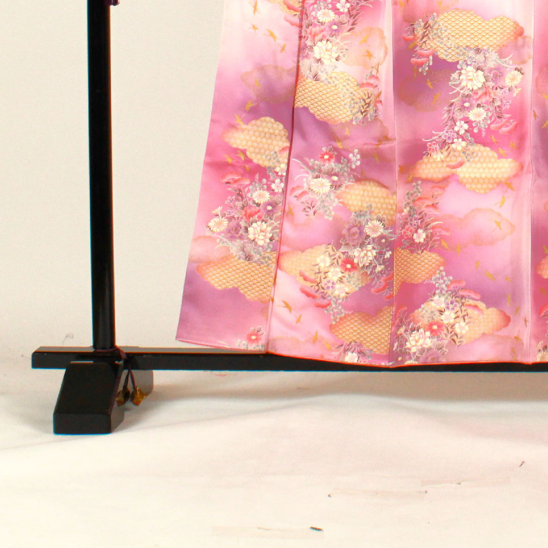 小紋 身丈158cm 裄丈65cm 袷  洗える着物 雲取り 草花模様  ポリ Aランク 紫系 1115001623320