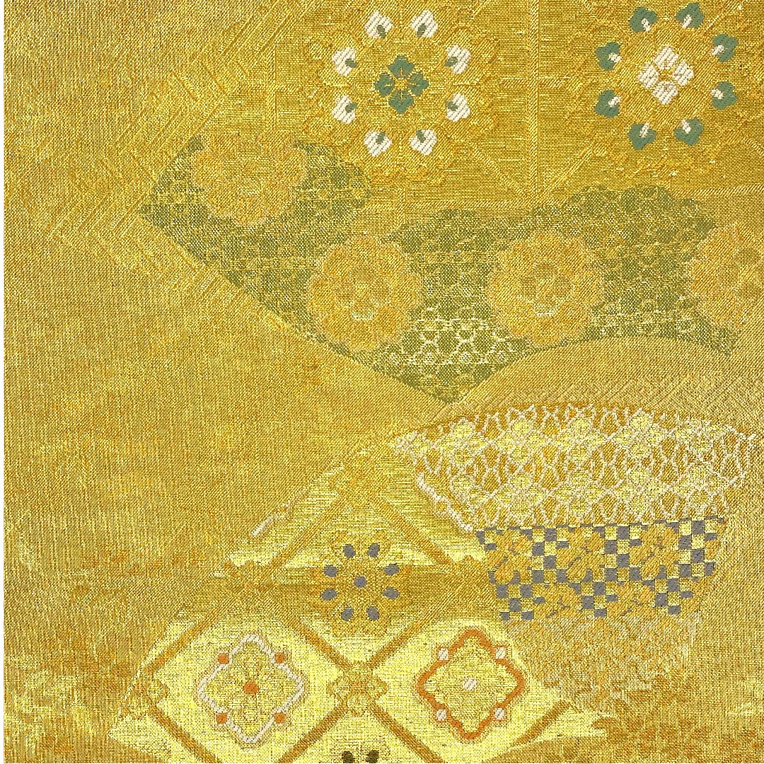 袋帯 金色 正倉院文様 宝相華 扇面 帯丈438cm 正絹 Aランク 六通 フォーマル 金系 1123002863321