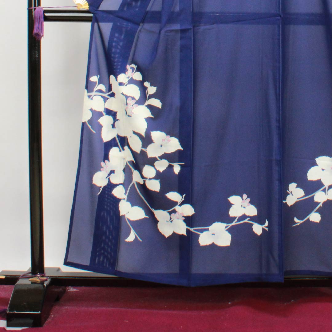 夏物 正絹 訪問着 身丈158cm 裄丈64cm 濃紺色（のうこんいろ）花模様 絽 Sランク 紺系 1132000122318