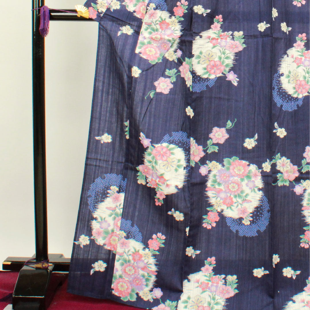 Yukata with basting thread, unused, navy blue, snowflake, floral pattern, cotton, S rank, single layer, length 171cm, sleeve length 65.5cm, navy blue, 1118002072618