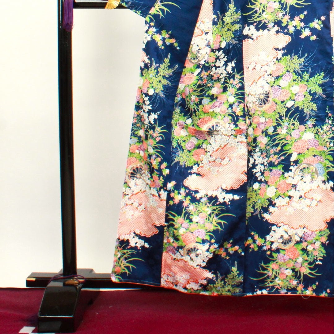 小紋 身丈160cm 裄丈65cm 袷  濃藍色 洗える着物 花車 草花模様  ポリ Sランク 紺系 1115003302418