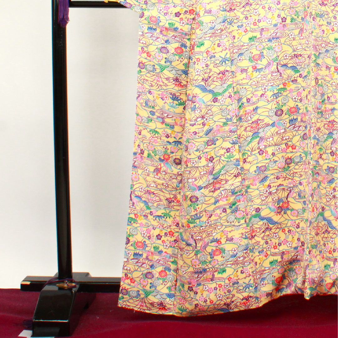 小紋 身丈161.5cm 裄丈65cm 袷  しつけ糸付き 未使用品 薄柑子色 型染 吉祥文様  正絹 Sランク 黄系 1115003392423