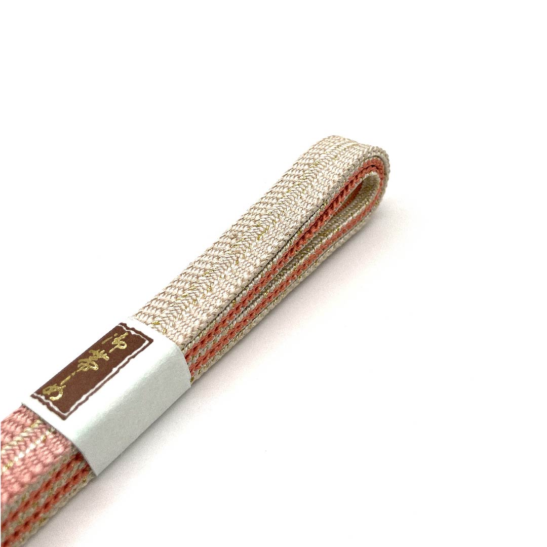 (Like new) Pure silk obijime (sash band) with a washed vermilion finish, featuring metallic threads and specially selected gold and silver threads. Approximately 168cm long, 1.5cm wide, semi-formal, S rank, pink. Product code: 1135002322313