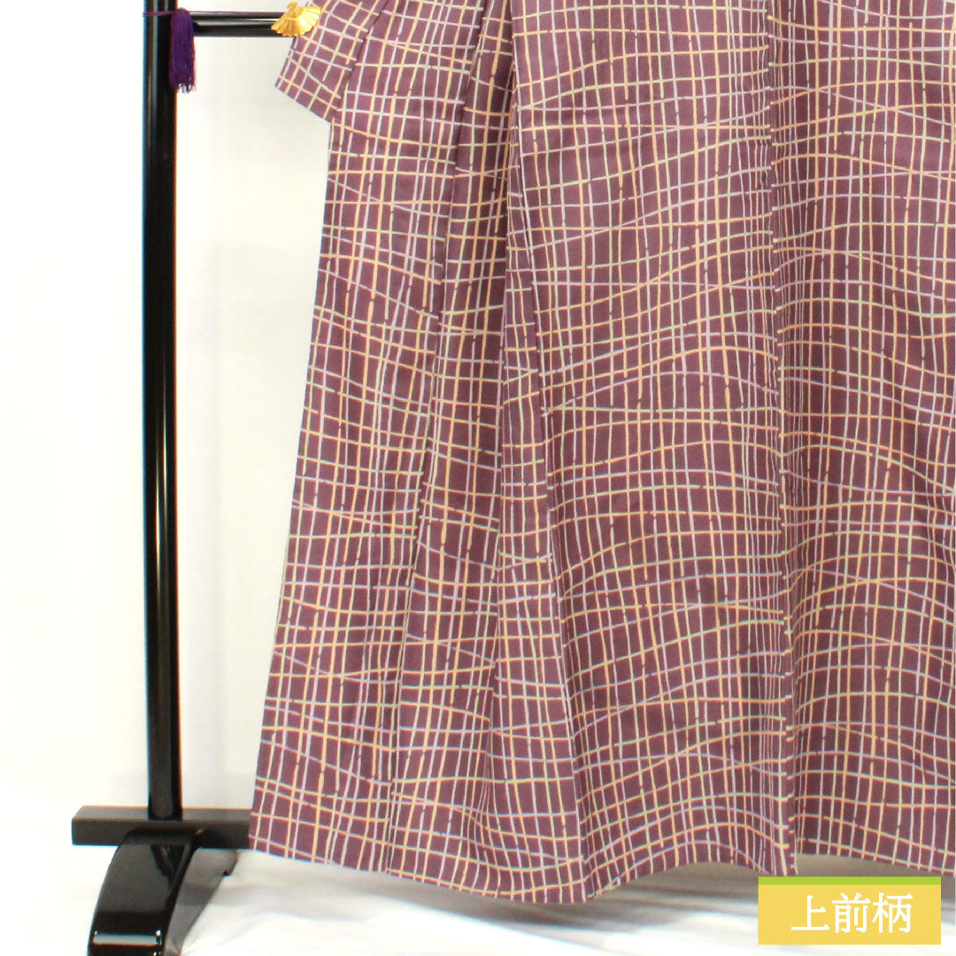 Small pattern, polyester, length 159cm, sleeve length 66cm, single layer, ancient purple, washable kimono, checkered pattern, A rank, purple, 1115004863320
