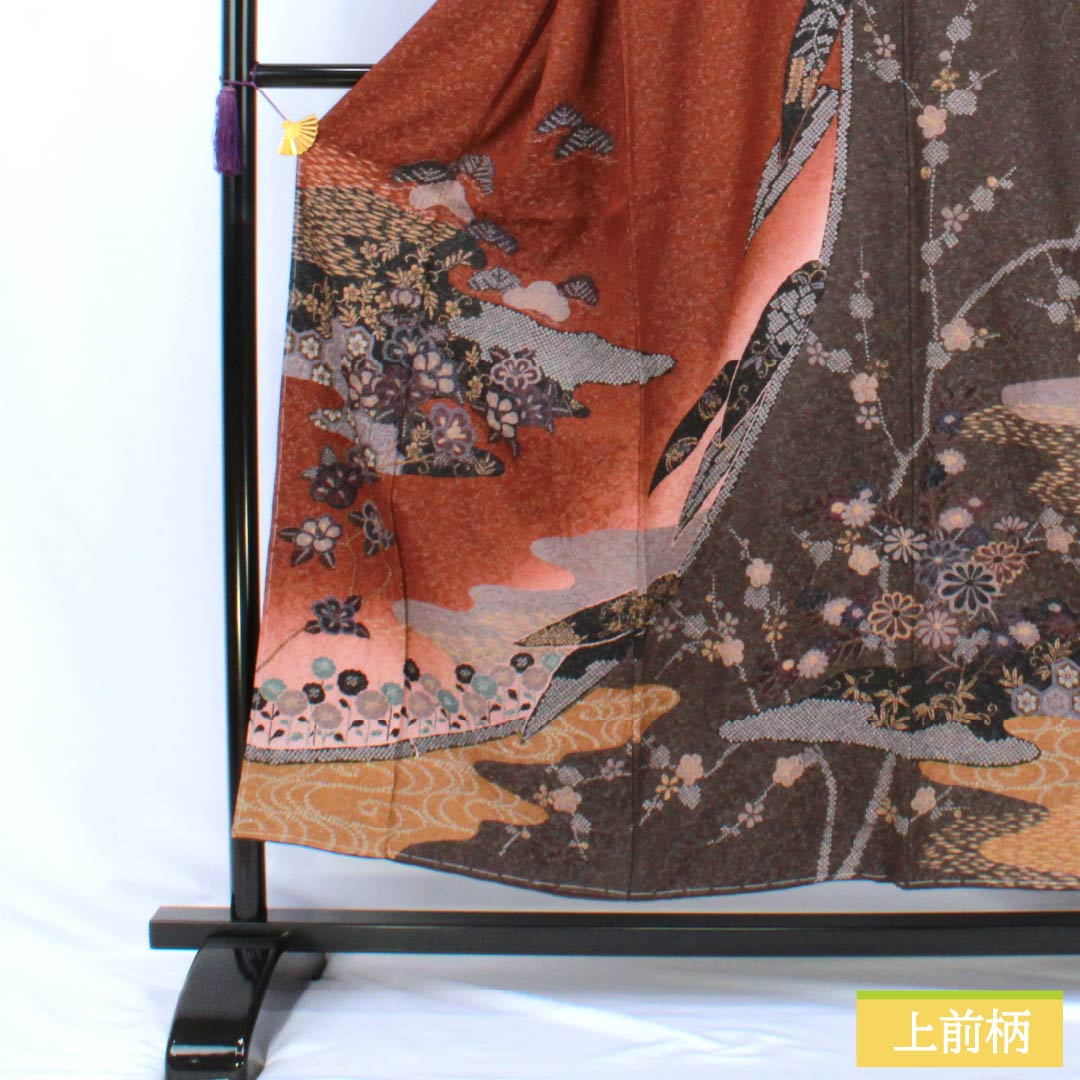 訪問着 正絹 Sランク 袷 身丈153cm 裄丈63cm 消炭色（けしずみいろ） 朱殷色（しゅあんいろ） 京友禅 絞り 銀通し 古典柄 マルチカラー 1112007702228