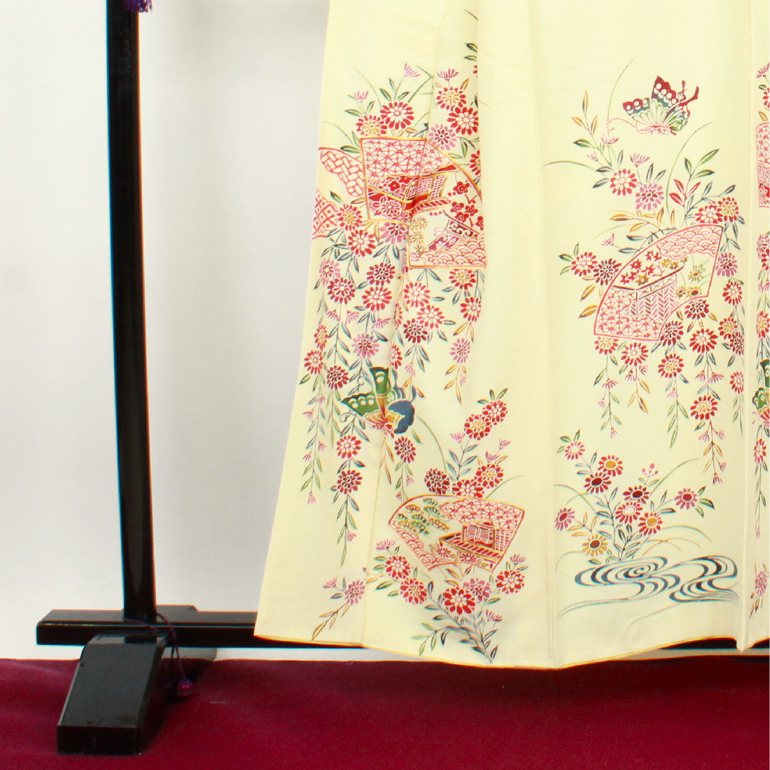 Homongi, lined, length 159cm, sleeve length 62.5cm, Torinoko color, Kyoto Bingata, floral pattern, pure silk, A rank, cream color, 1112001943315