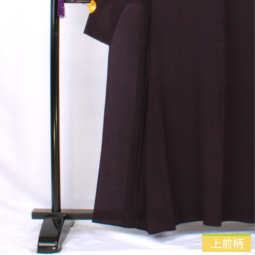 Solid-colored polyester kimono, length 158.5cm, sleeve length 64cm, purple-black (shikoku shoku), plain kimono with one crest and a shadow-swallowing butterfly design, S rank, purple, product number 1114002162320