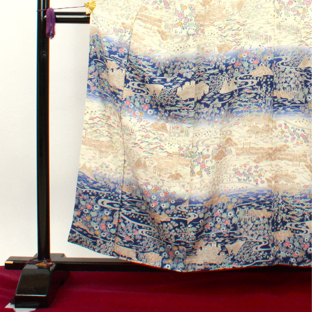 Homongi, pure silk, lined, length 158.5cm, sleeve length 65cm, milky white, Kyo-Yuzen, Chayatsuji, S rank, cream color, 1112002972315