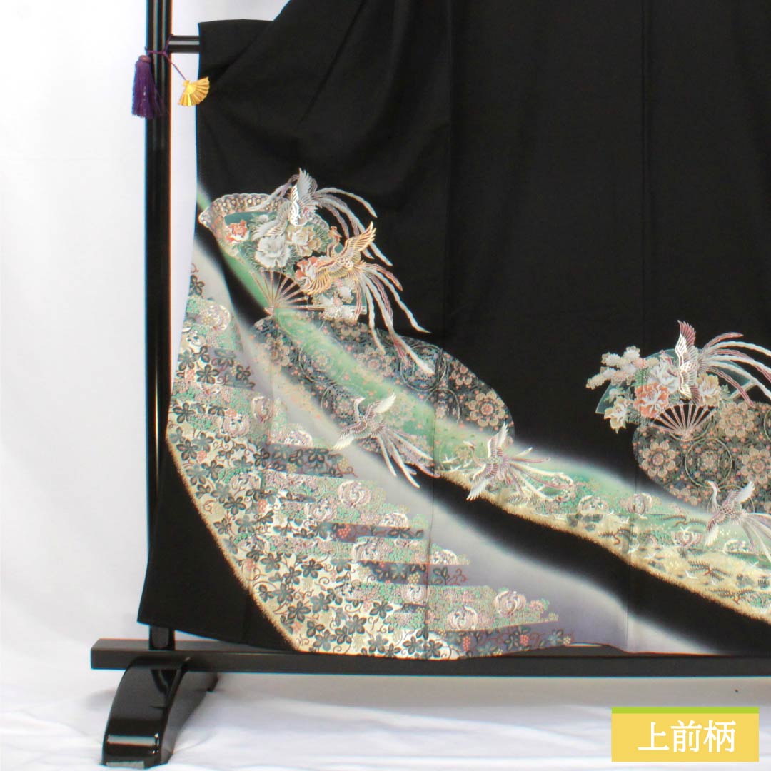 Black Tomesode Kimono, Pure Silk, Grade A, Length 156cm, Sleeve Length 64cm, Lined, Kyoto Yuzen, Five Crests, Gosan Paulownia, Phoenix, Fan Design, Five Crests, Black, Item Number 1111002093310