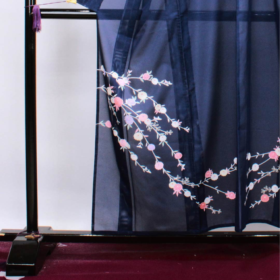 Summer polyester formal kimono, length 156.5cm, sleeve length 65cm, dark blue, chrysanthemum, silk, S rank, navy blue, 1132000102318