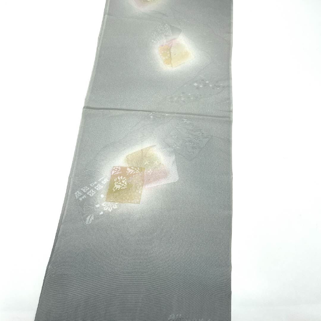 Obiage, pure silk, S rank, semi-formal, Fukagawa-nezuiro (deep gray), Tango crepe, Shikishi-tori pattern, length approx. 184cm, width approx. 31cm, gray family, 1136002832922