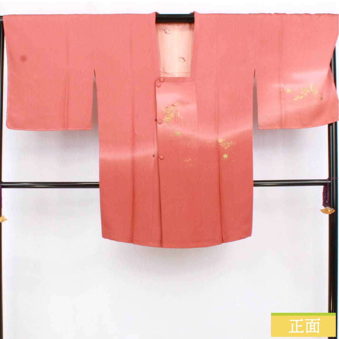 道行コート 正絹 Sランク 身丈88.5cm 裄丈68cm 紅唐色（べにとういろ） 刺繍 金彩加工 花 袷 赤系 1117001212912