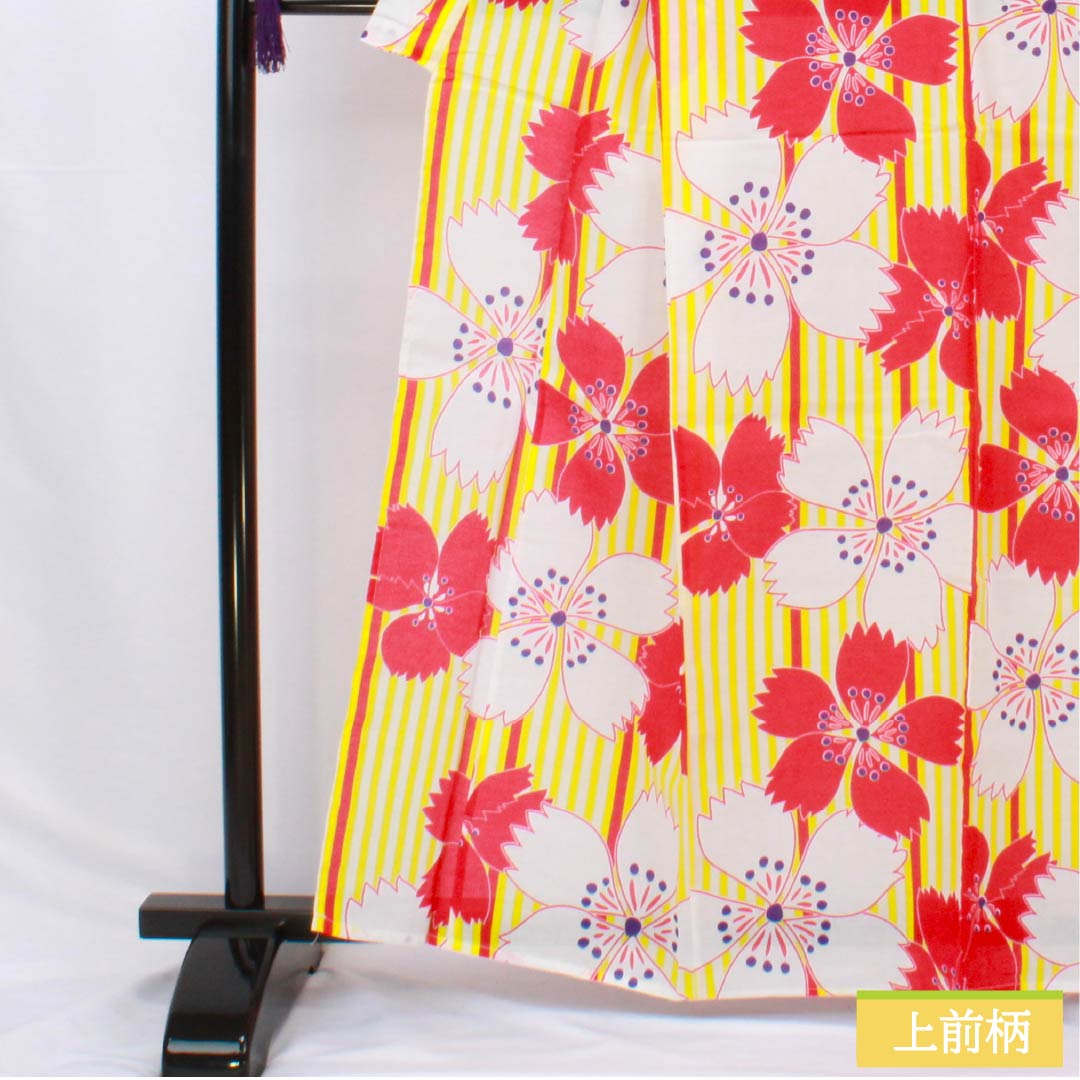 Cotton Yukata, Length 163cm, Sleeve Length 64cm, Rank A, Single Layer, Yellow, Pink, 1118006113423