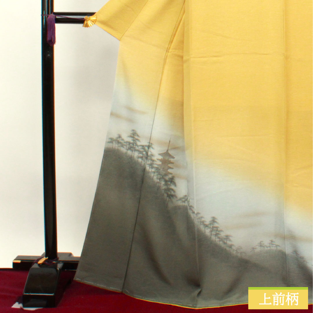 Homongi, pure silk, lined, length 167cm, sleeve length 64cm, plum color, landscape pattern, artist's work, basting thread included, unused, S rank, yellow, 1112003382523