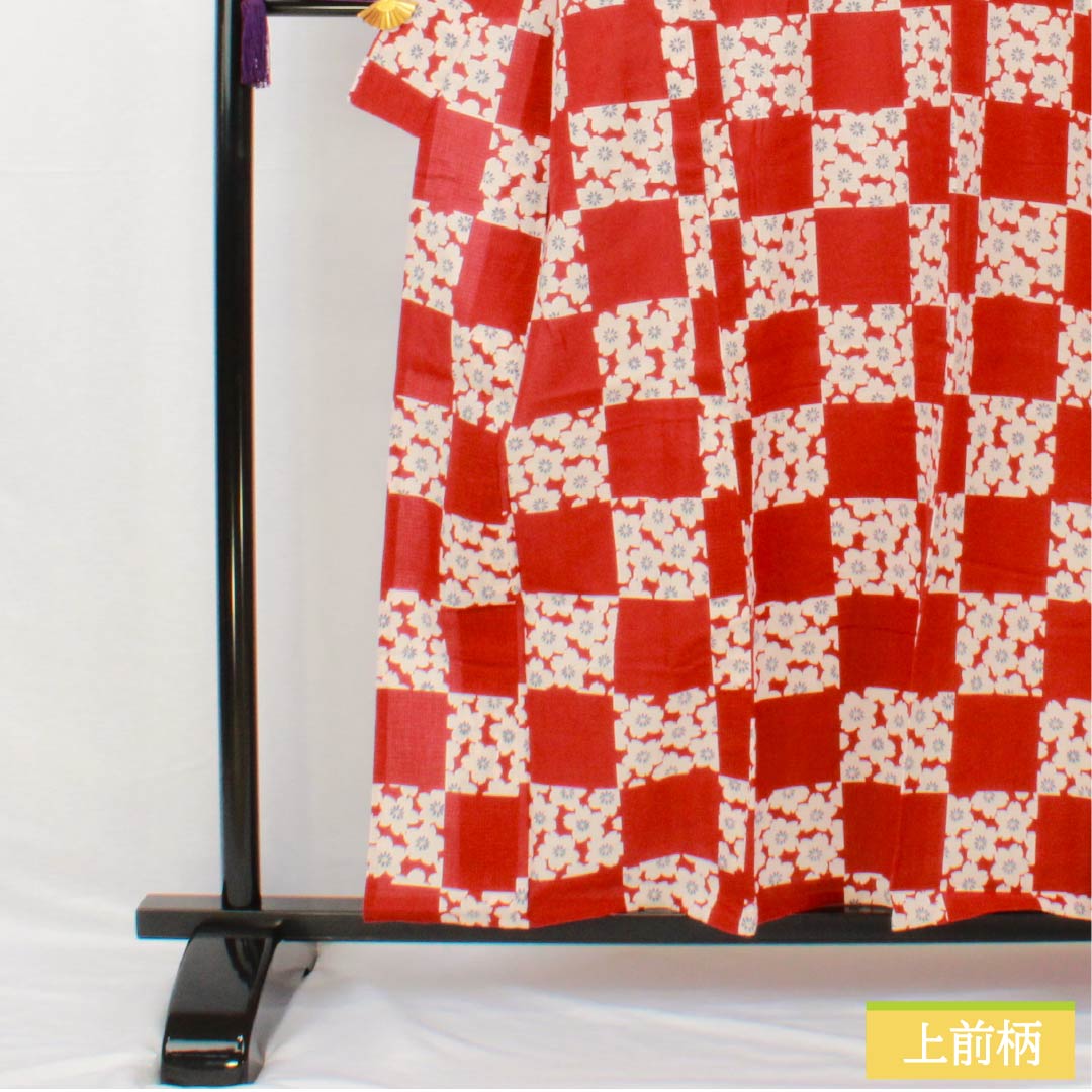 Yukata Cotton Length 157cm Sleeve length 67cm B rank Single layer Vermilion Deep maple color (Koimomijiiro) Checkered pattern Cherry blossoms Fumatsuan 1118005524316