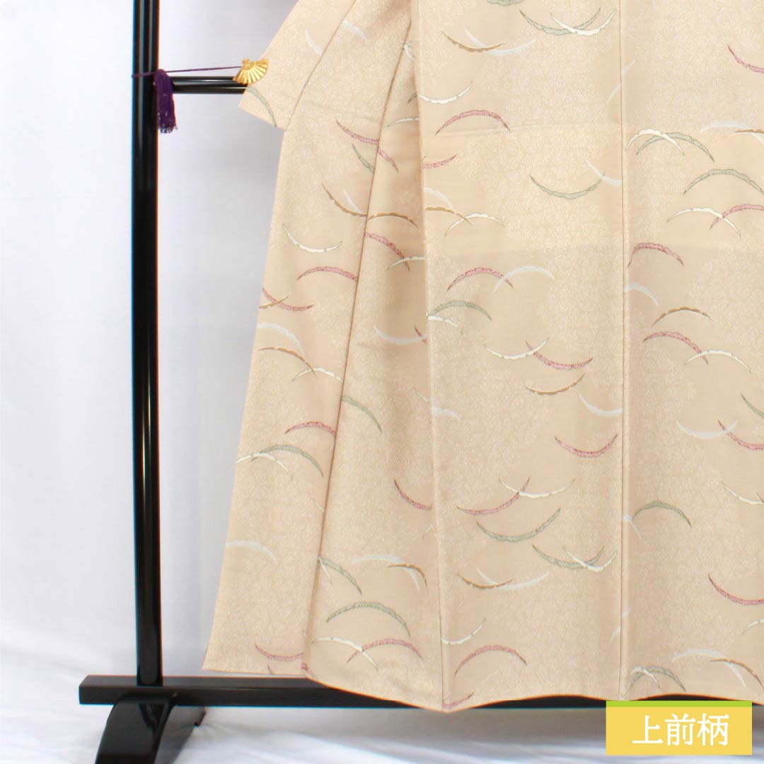 Komon (small pattern) polyester kimono, A rank, length 155.5cm, sleeve length 63cm, lined, walnut color (kurumiiro) with dew-grass pattern, backless, washable, beige, 1115007123325
