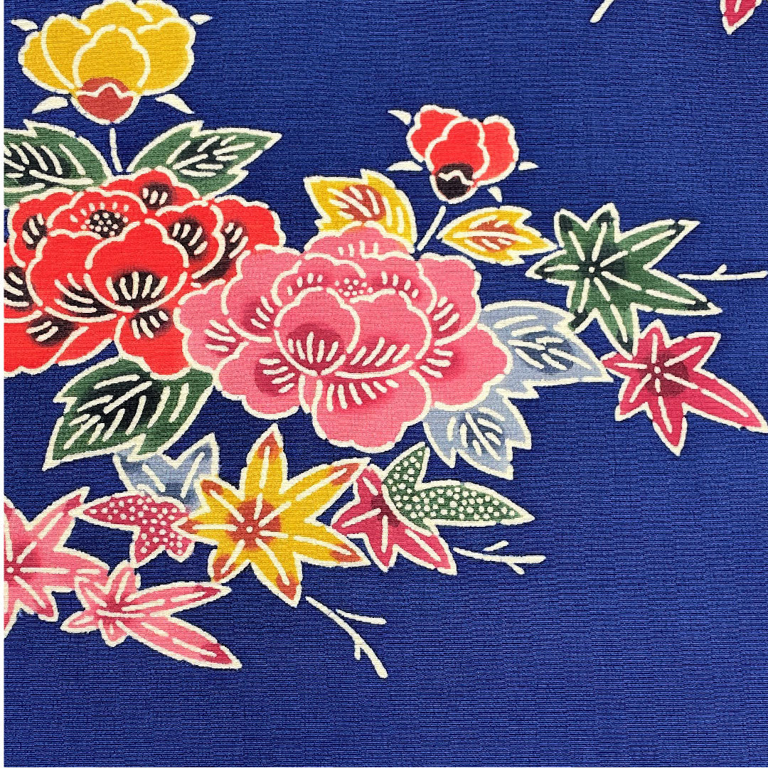 名古屋帯 深縹色 紅葉 菊 作家物 京紅型 帯丈332.5cm 正絹 Sランク ポイント柄 カジュアル 青系 1124002952317  名古屋仕立て