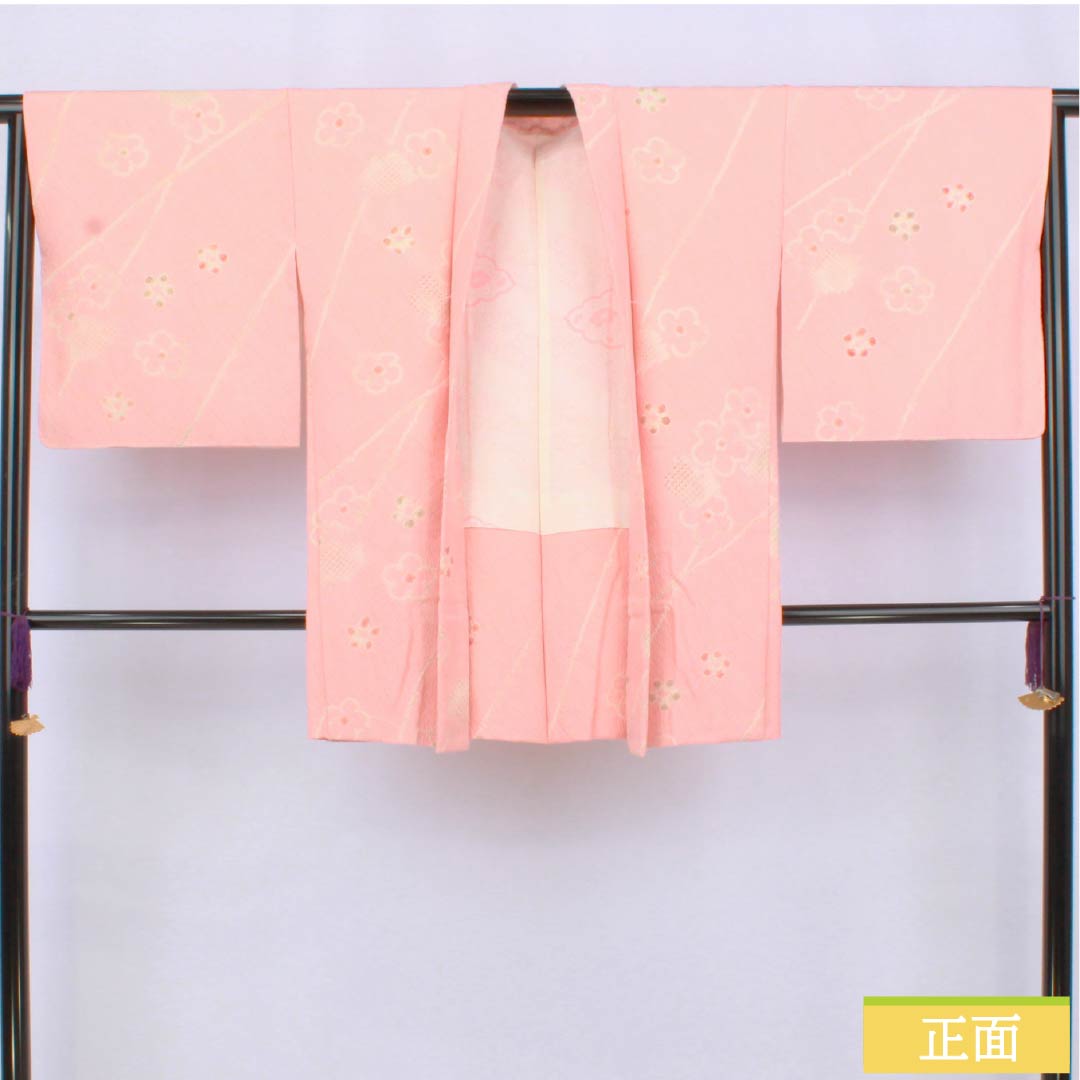 Haori (Japanese traditional kimono jacket) made of pure silk, S-rank, length 84cm, sleeve length 66cm, Shinonome-iro (Shinonome-iro) color, floral design, lined, pink, with basting thread, product number 1117001332913
