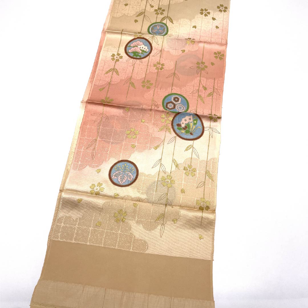 帯揚げ 正絹 Sランク セミフォーマル 薄柿色（うすがきいろ） 東雲色（しののめいろ） 丸紋 桜 長さ約170cm 幅約30cm ベージュ系 1136004572925