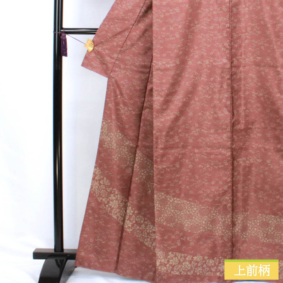 訪問着 正絹 Aランク 袷 身丈164.5cm 裄丈65cm 小豆色（あずきいろ） 紬地 草花 茶系 1112006343414