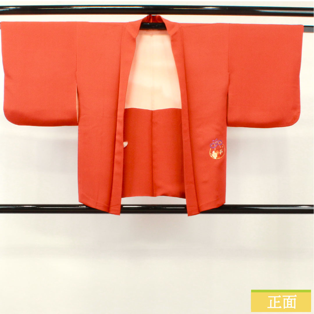 Haori (Japanese traditional coat) made of pure silk, length 73.5cm, sleeve length 60.5cm, scarlet, embroidery, rank S, lined, vermilion, 1117000962916