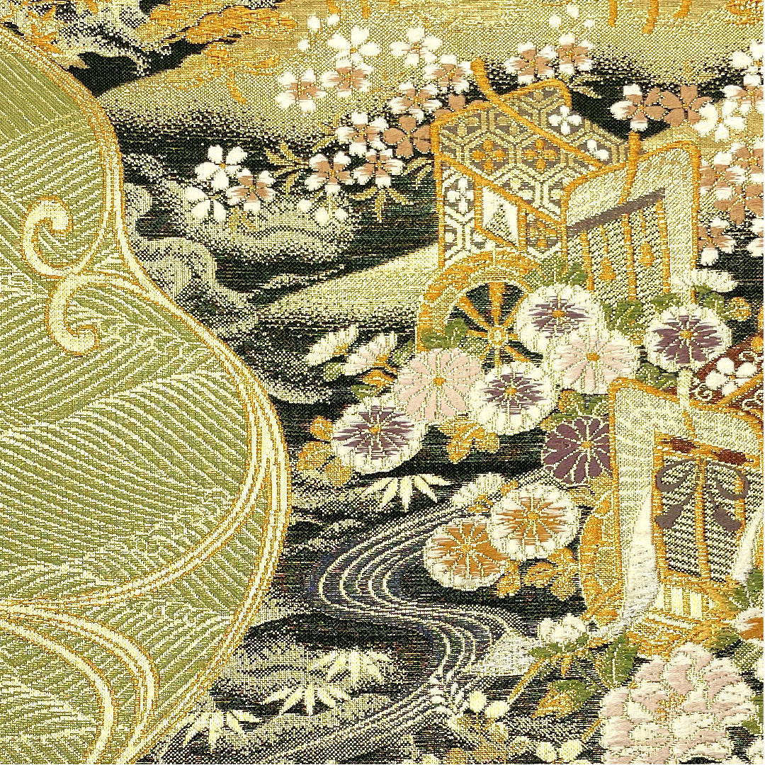 袋帯 百入茶色（ももしおちゃいろ） 吉祥文様 松竹梅 御所車 帯丈432cm 正絹 Sランク 六通 フォーマル 緑系 1123005262319