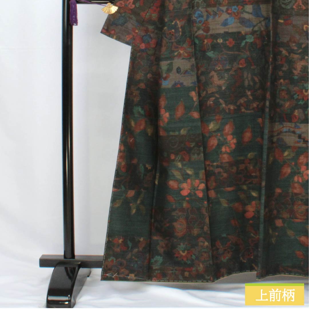 Pure silk tsumugi (pongee) with a horizontal stripe and abstract pattern, length 160.5cm, sleeve length 64cm, iron-colored, Ojiya tsumugi, grade A, lined, green, product number 1116003843419