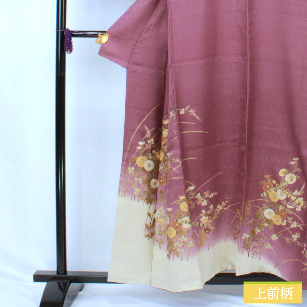 Visiting Kimono, Pure Silk, S Rank, Lined, Length 155.5cm, Sleeve Length 63cm, Crimson (Mekkouiro) Color, Kyoto Yuzen, Sewn Crest, Snow Rings with Different Hawk Feathers, Chrysanthemums, Hagi, Purple, Item Number: 1112006812320
