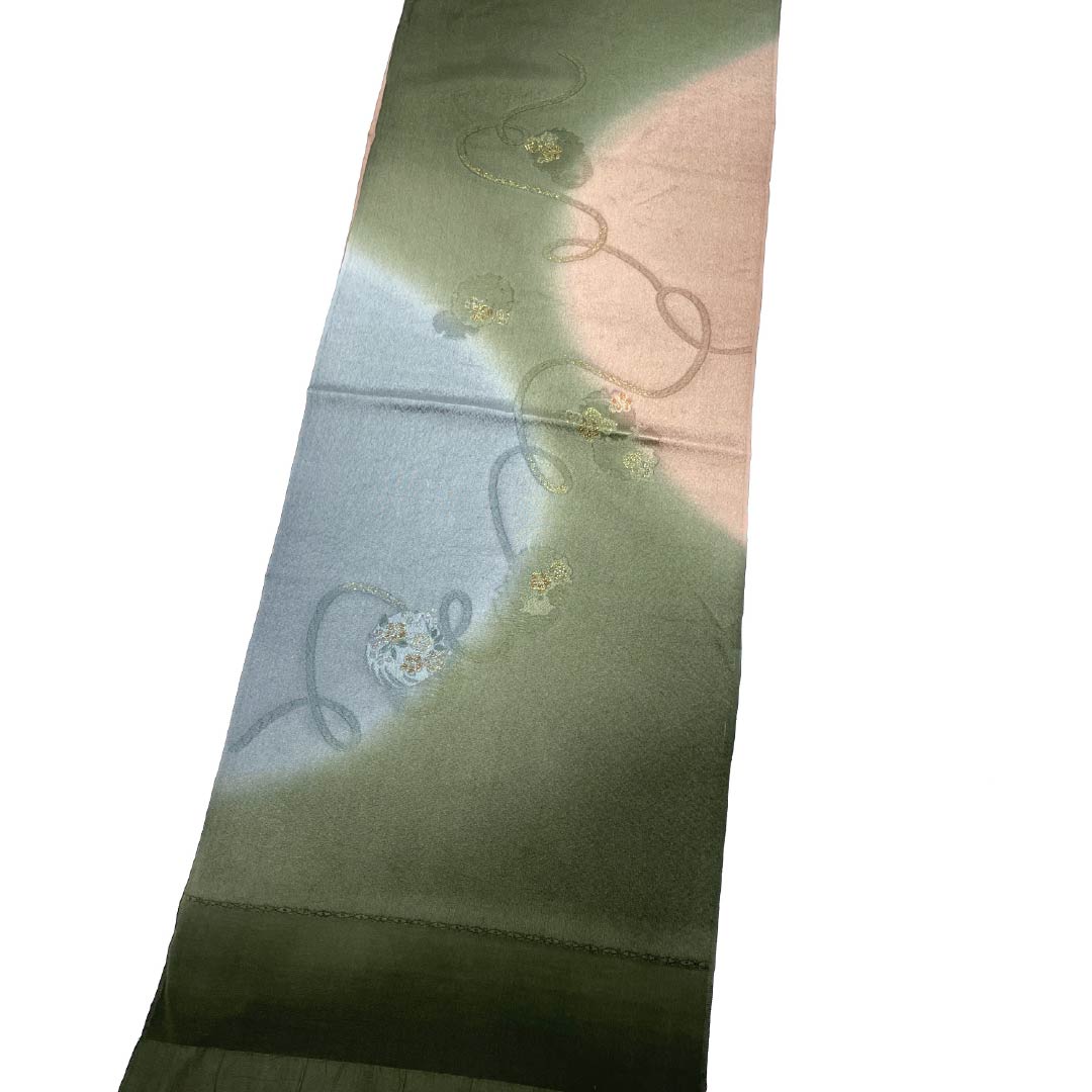 Obiage, pure silk, S rank, semi-formal, Iwaicha (dark olive green) color, yukiwa (snow ring) pattern, cord, length approx. 174cm, width approx. 29cm, green family, 1136004292919