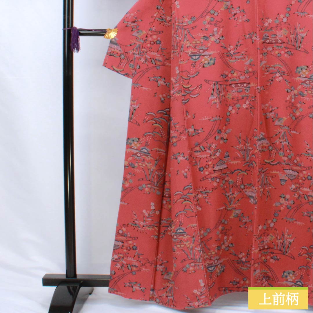 小紋 正絹 Aランク 身丈162cm 裄丈64cm 袷 祭紅色（さいこういろ） 茶屋辻 松竹梅 型染 赤系 1115006883412