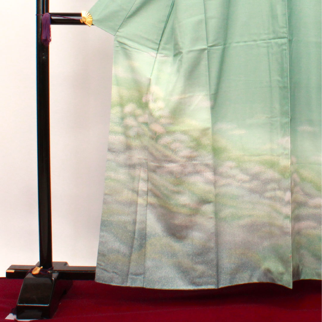 Homongi, pure silk, lined, length 161cm, sleeve length 62.5cm, bean blue, Ushiku Tsumugi, abstract pattern, A rank, green, 1112003263419