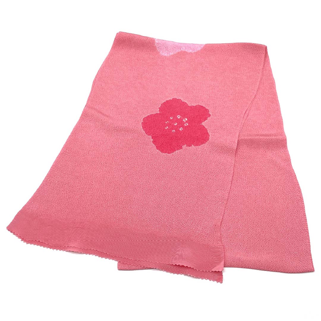 Obiage Chirimen Casual Medium crimson color (Nakano Kurenaiiro) Shibori Plum Flower pattern Length approx. 164cm Width approx. 27cm S rank Pink 1136000322913