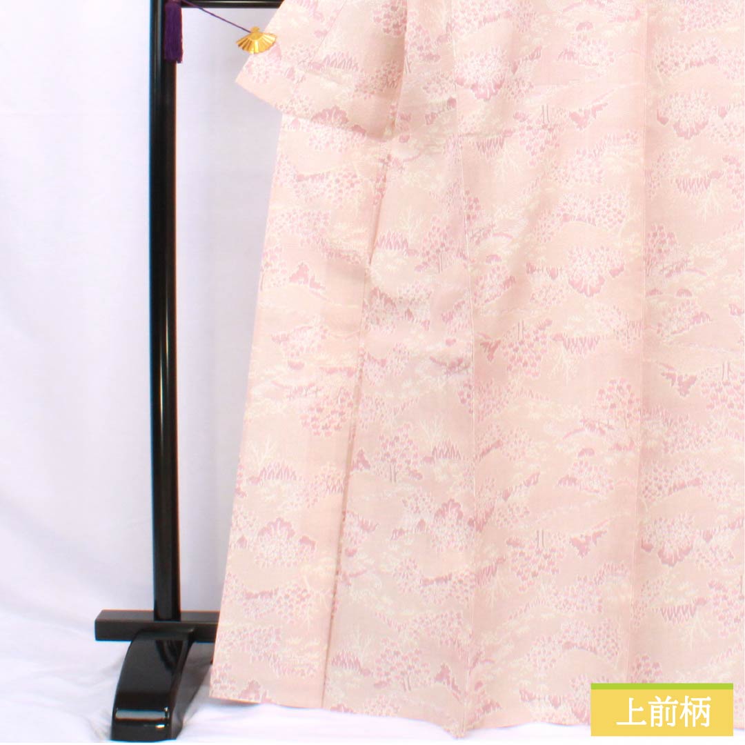 Pure silk tsumugi kimono, length 169.5cm, sleeve length 67cm, light purple (asa-kimono) color, landscape pattern, S rank, single layer, pink, product code 1116003822513