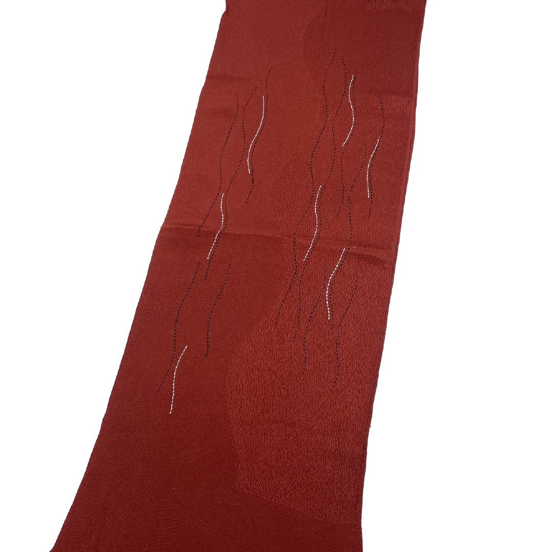 Obiage silk S rank casual, shakudō-iro (reddish-brown), chirimen, wavy stripes, length approx. 168cm, width approx. 29cm, reddish, 1136004732912