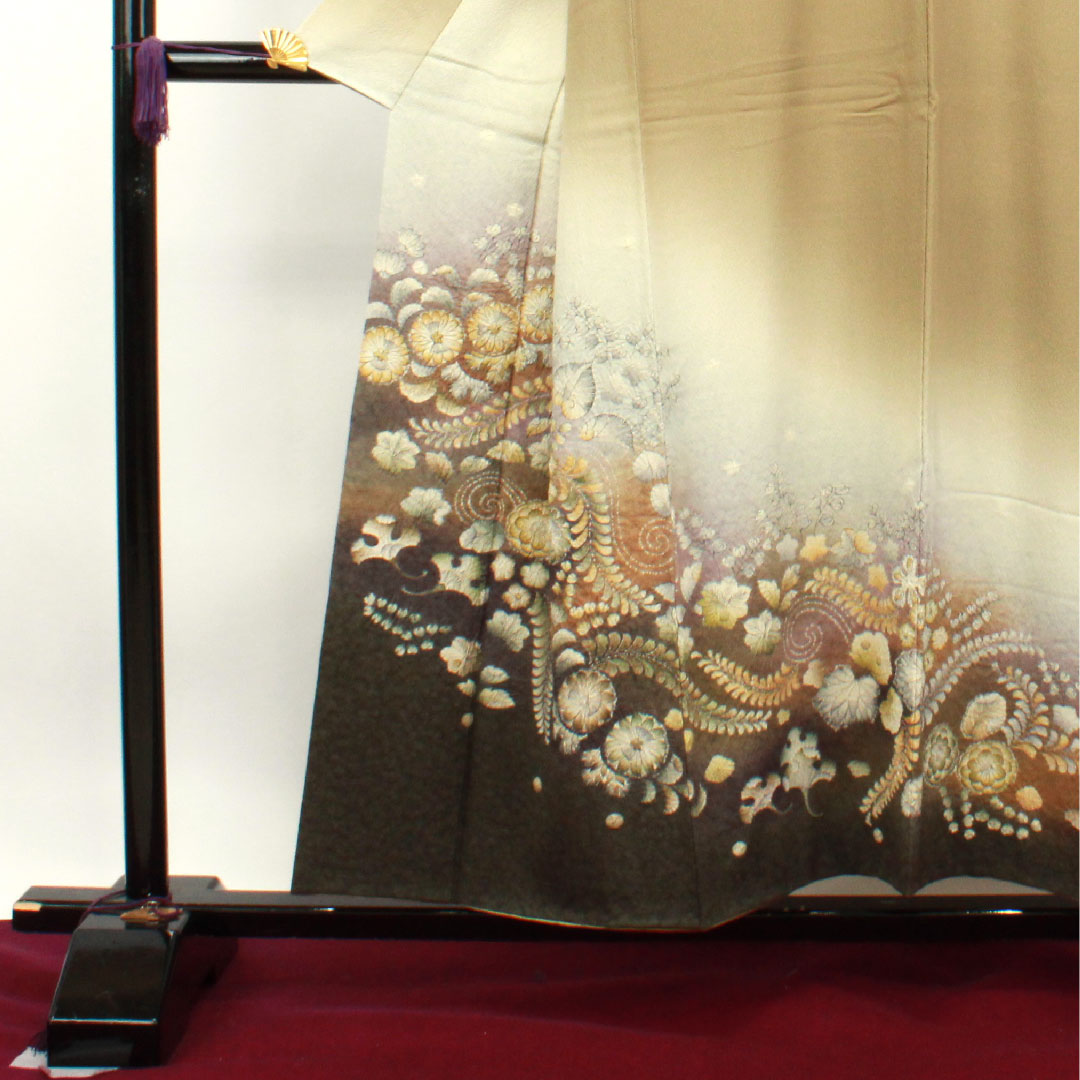 Homongi, pure silk, lined, length 154cm, sleeve length 64cm, sand color, Tsujigahana, thin rings and quince, S rank, beige, 1112003102225