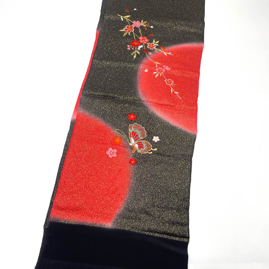 帯揚げ 正絹 Sランク フォーマル 蝶 桜 刺繍 金糸 長さ約178cm 幅約30cm 黒系 1136002642910