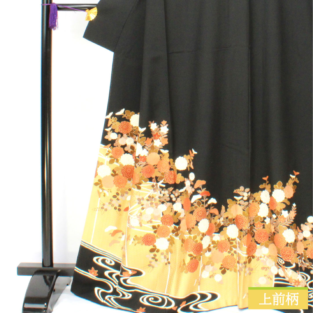 黒留袖 正絹 身丈167cm 裄丈67cm 袷 京友禅 草花模様 五つ紋 梅鉢 Sランク 黒系 1111001642510