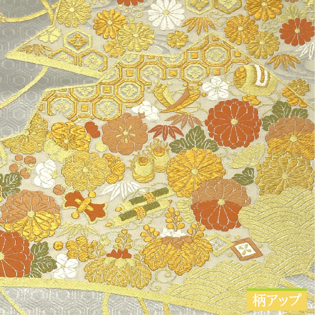 袋帯 正絹 Aランク 名錦至宝 西陣織 吉祥文様   帯丈430cm 六通 フォーマル 銀系 1123017413322