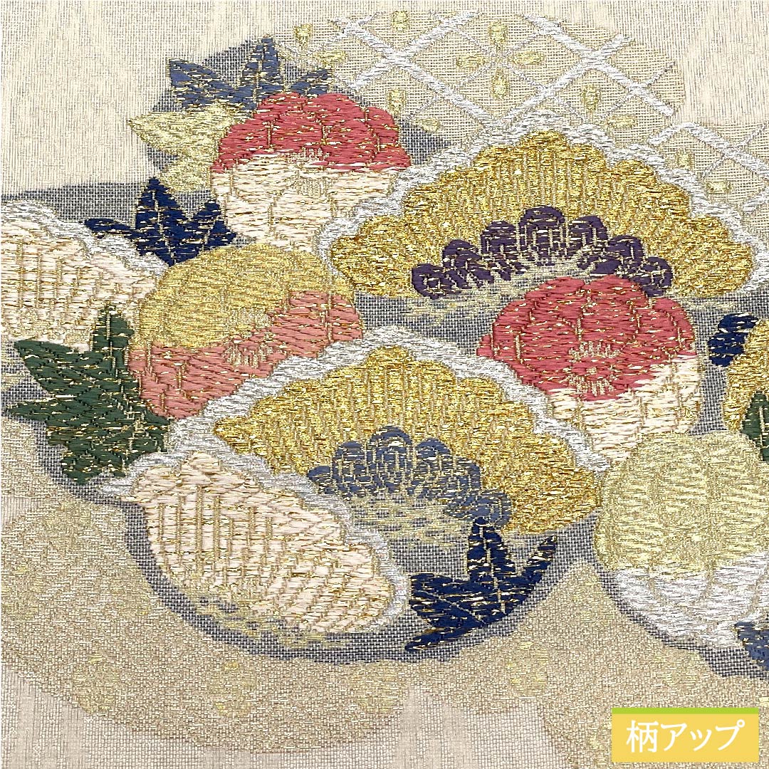 Fukuro Obi, pure silk, off-white, classic pattern, floral pattern, cloud pattern, obi length 446cm, S rank, six-pass, semi-formal, white, 1123010762311