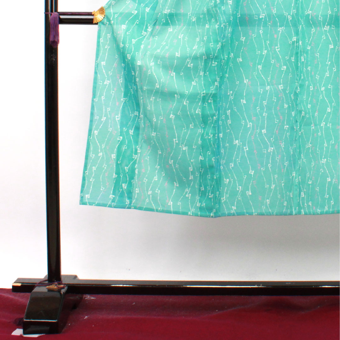 Summer kimono, polyester, small pattern, length 137cm, sleeve length 62cm, light blue, washable kimono, geometric pattern, with basting thread, silk, S rank, light blue, 1132001342124