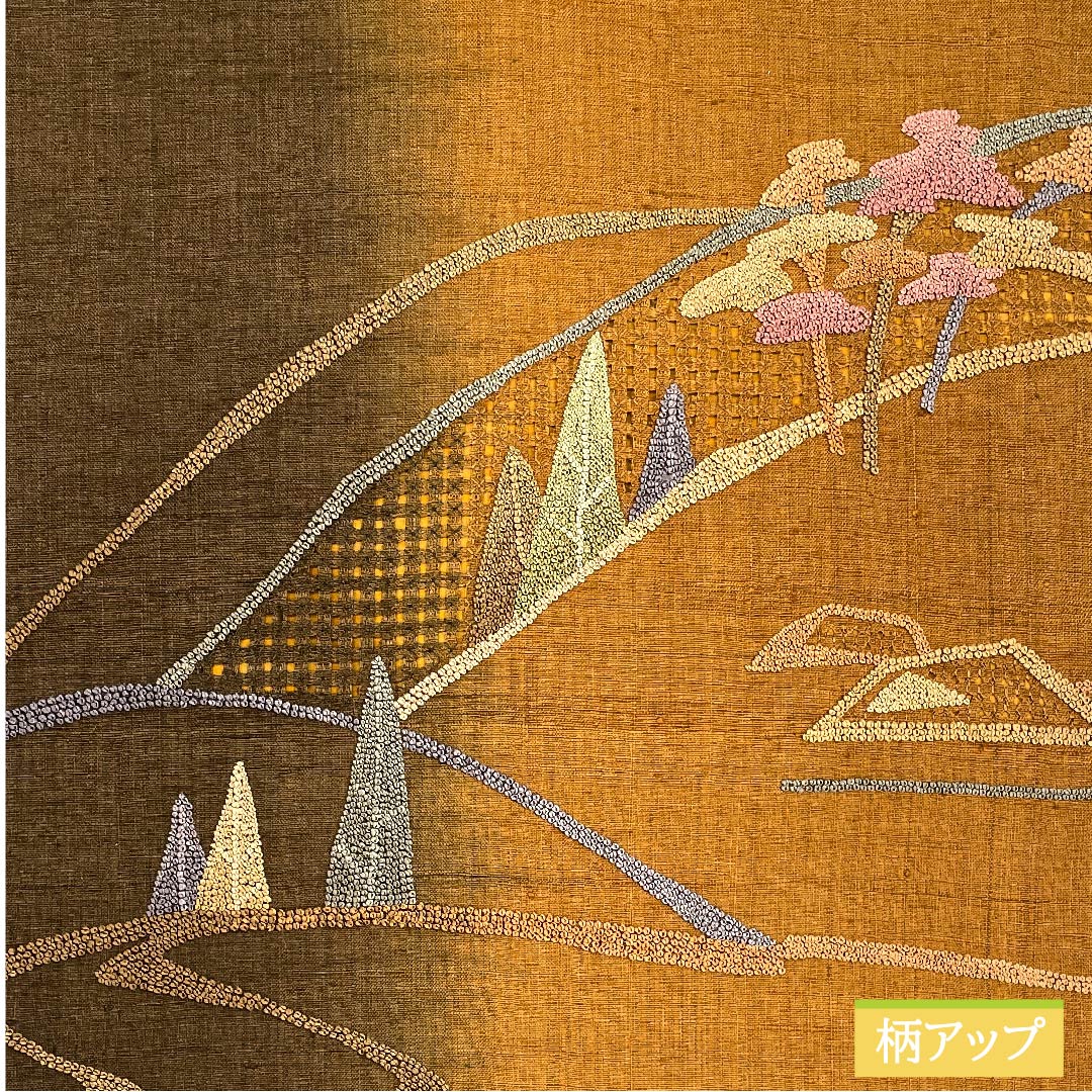 Nagoya obi, pure silk, old-fashioned brown, Sagara embroidery, Satoyama landscape embroidery, obi length 358cm, S rank, point pattern, casual, brown, 1124006332314, Nagoya tailoring